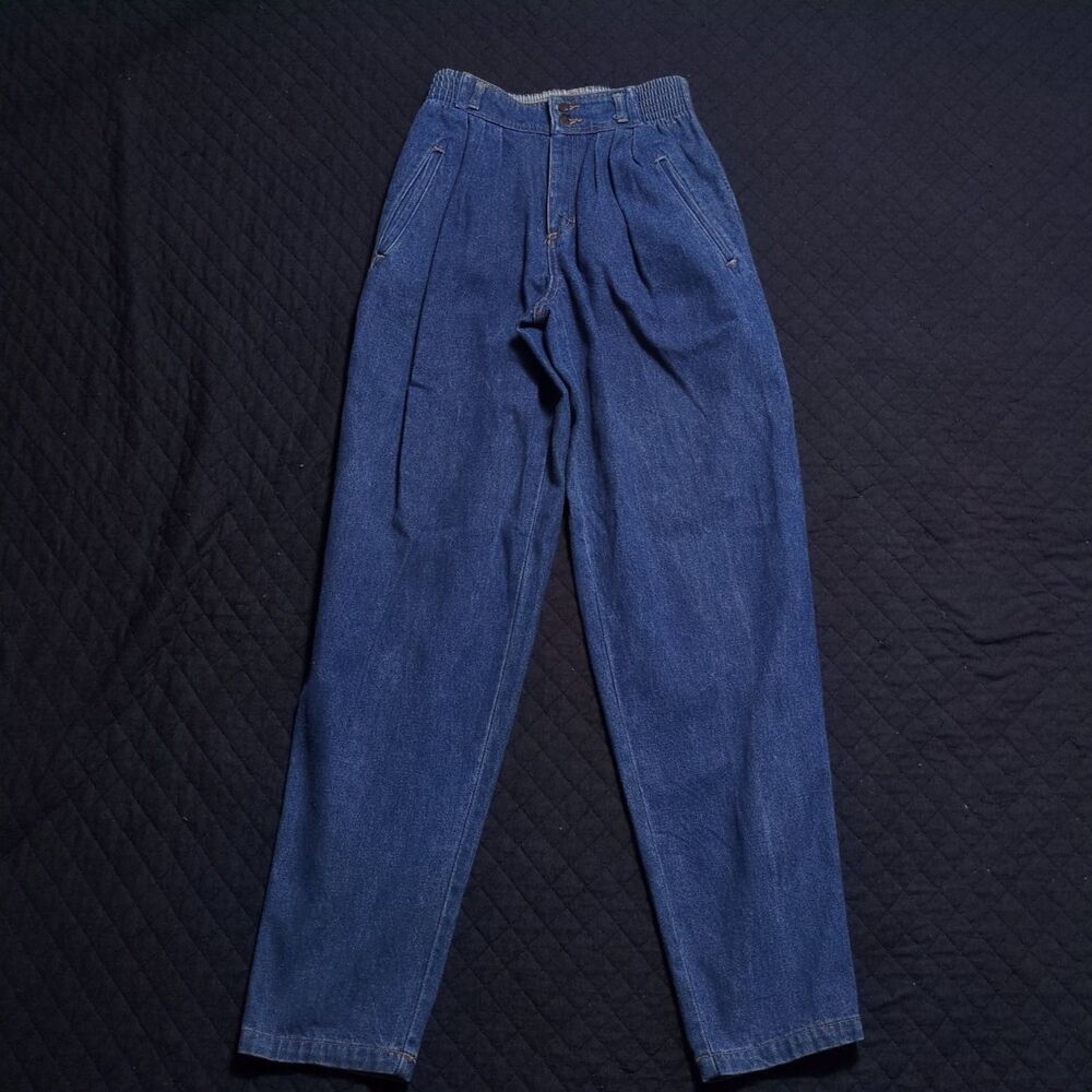 Vintage 80s 90s Mom Jeans Womens 4 Blue Denim Pleated High Rise Tapered Elastic